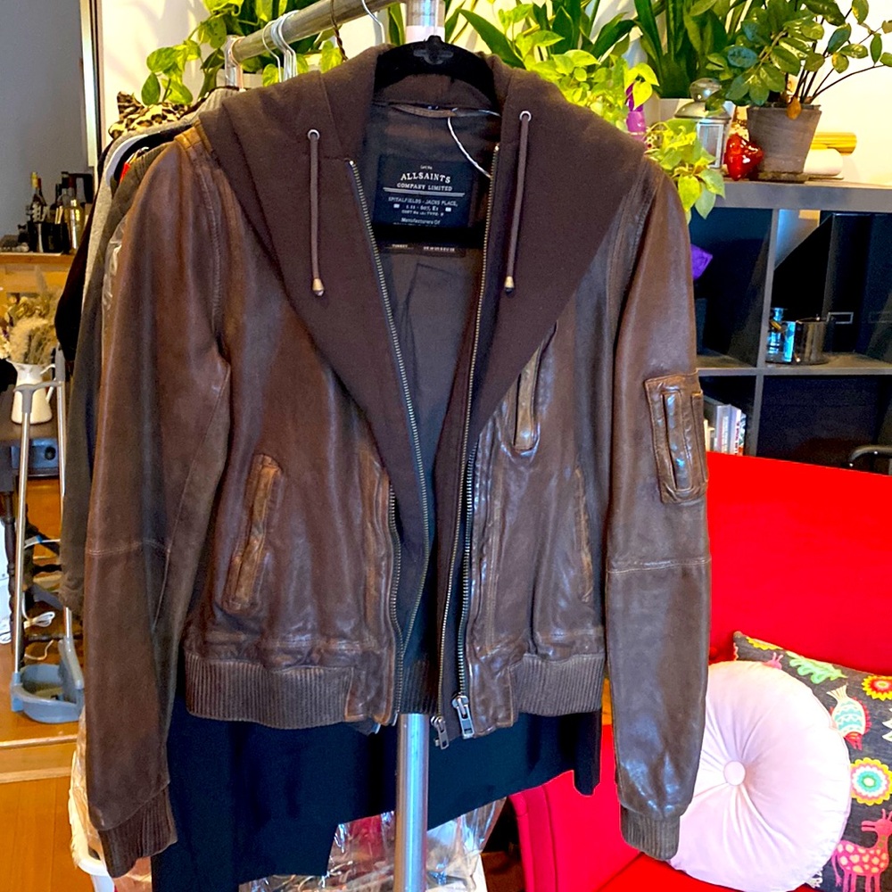 All saints leather jacket, bomber style with zip out/in hoodie